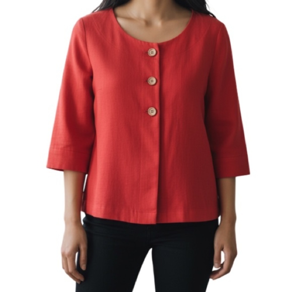 SHERRY TAYLOR Linen Blend Collarless Blazer Red 3 Button Size M